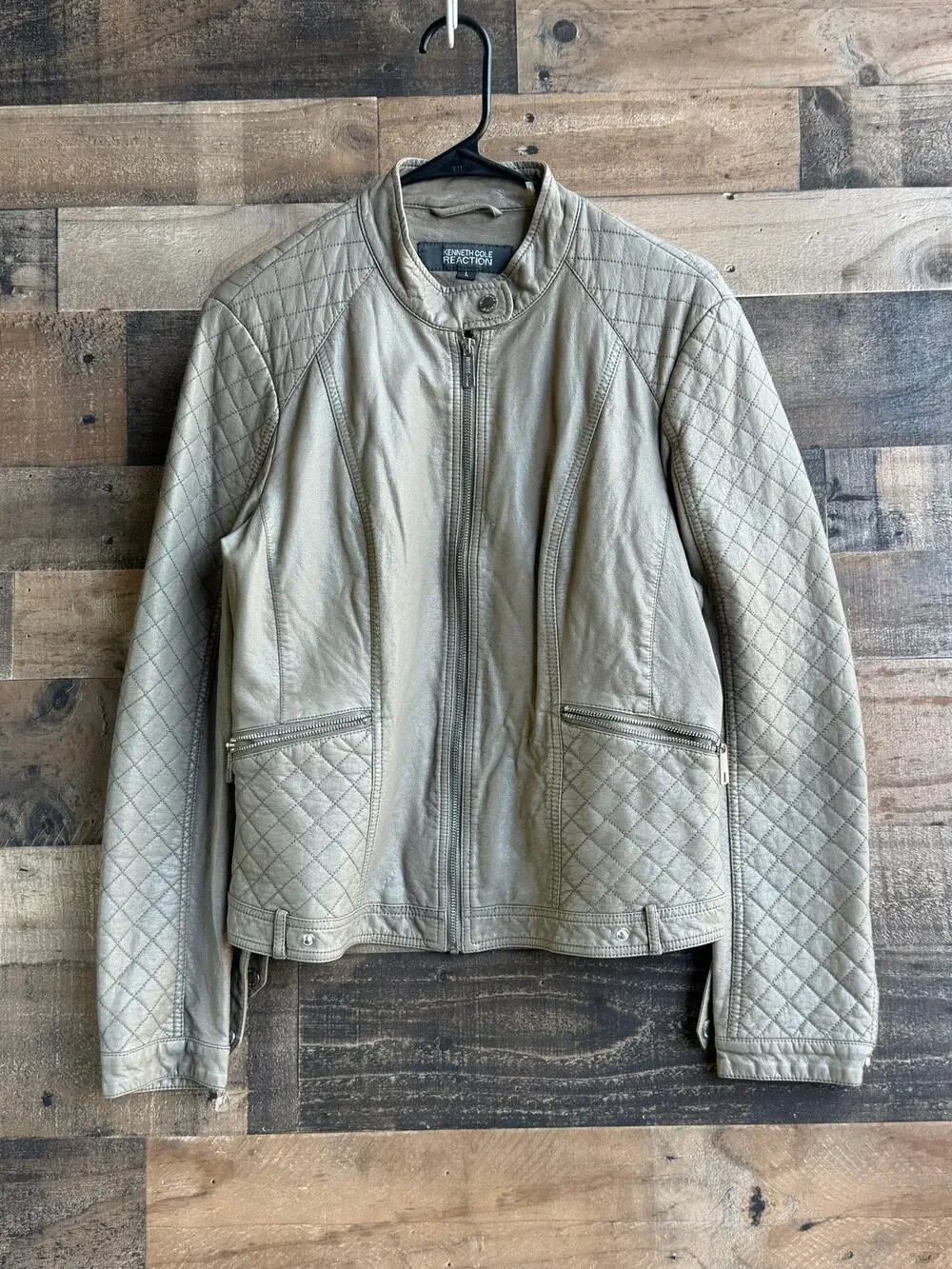 Kenneth Cole Reaction Women's Quilted Faux Leather Moto Jacket - Taupe - Size L